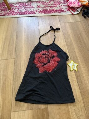 Wet Seal Black Halter Camisole with Red Sequin Rose
